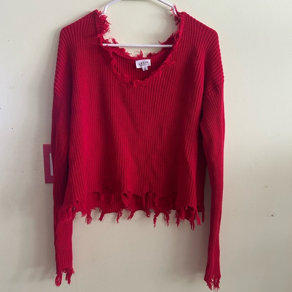 Le Lis Vibrant Red Frayed Sweater - Picture 1 of 6